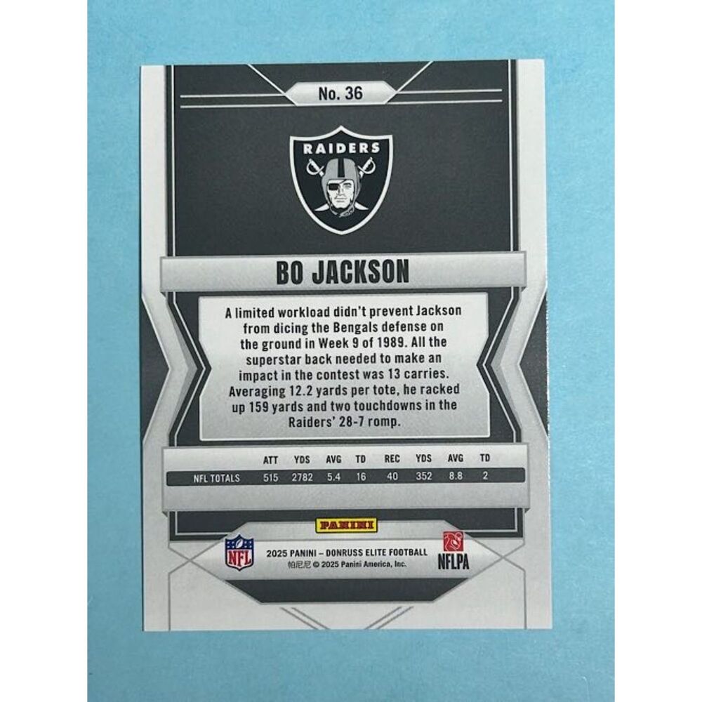 BO Jackson, Los Angeles Raiders 2025 Panini Elite Card #36 - Picture 2 of 2